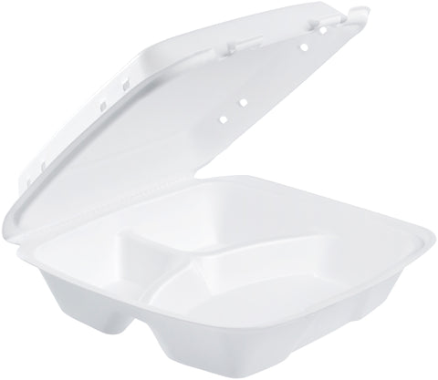 Container Foam Large Three Compartment W/ Removable Lid Vented White 9.38x9x3