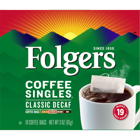 Folgers Decaffeinated Coffee Singles - 19 coffee bags per box, 12 boxes per case