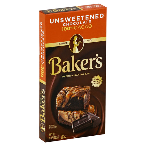Baker's Premium Unsweetened Chocolate Baking Bar, 4 Ounce -- 12 per case