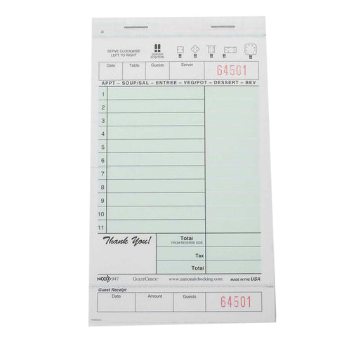 National Checking Company Carbonless Guest Check Board - 2 Part Green, 11 Line, 4.20 x 7.25 inch -- 2000 per case.