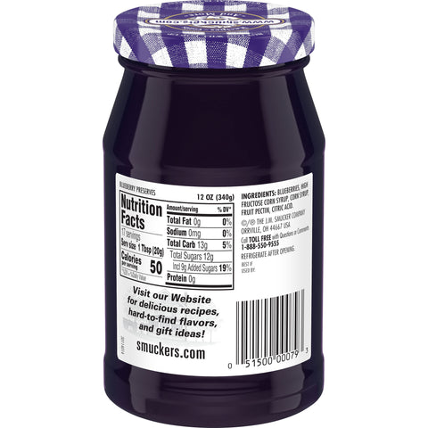 Smuckers Blueberry Preserves, 12 Ounce -- 12 per case.