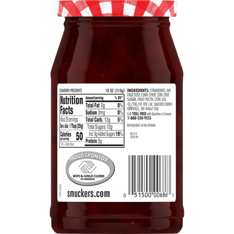 Smuckers Strawberry Preserves, 18 Ounce -- 12 per case.