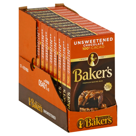 Baker's Premium Unsweetened Chocolate Baking Bar, 4 Ounce -- 12 per case