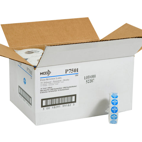 National Checking Company Dateit Blue Trilingual Permanent Label - Monday, 0.75 inch Circle -- 2000 per case.