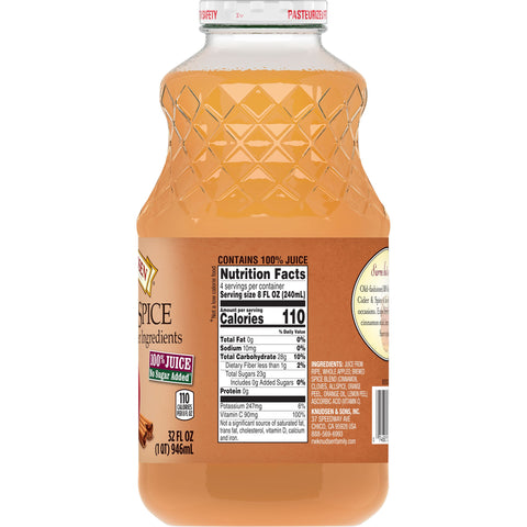 RW Knudsen JUICE APPLE CIDER SPICED NSA NFC 100% GLASS BOTTLE
