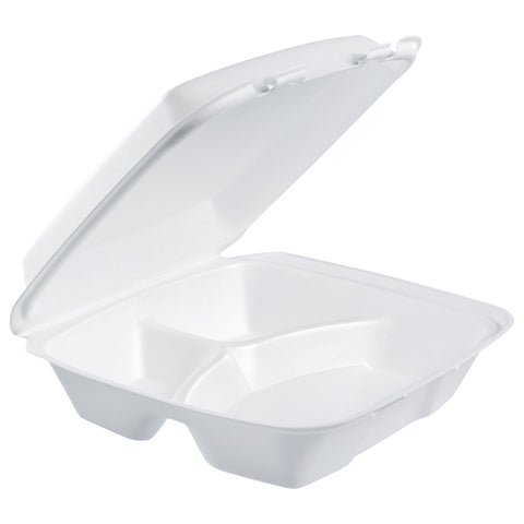 Container Foam Hinged Lid White Large 3-compartment 9.4x9x3