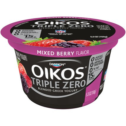 Oikos Organic Triple Zero Mixed Berry Nonfat Greek Yogurt, 5.3 Ounce -- 12 per case.