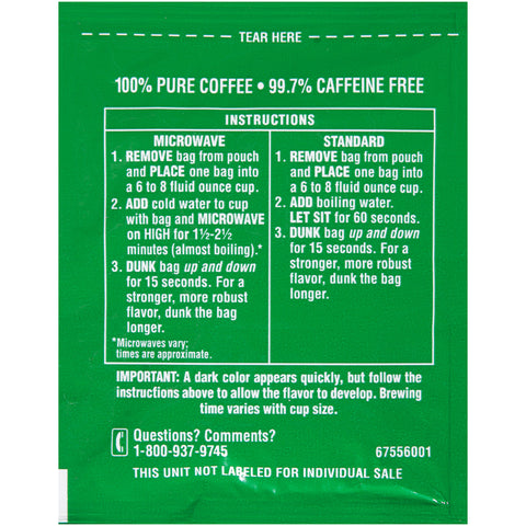 Folgers Decaffeinated Coffee Singles - 19 coffee bags per box, 12 boxes per case