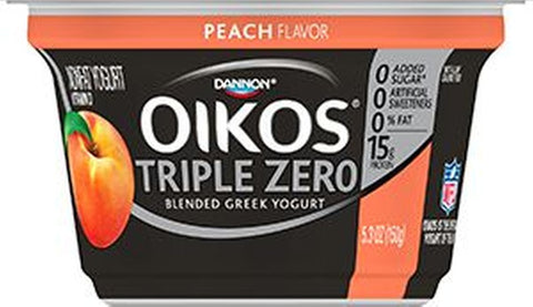 Oikos Organic Triple Zero Peach Nonfat Greek Yogurt, 5.3 Ounce -- 12 per case.
