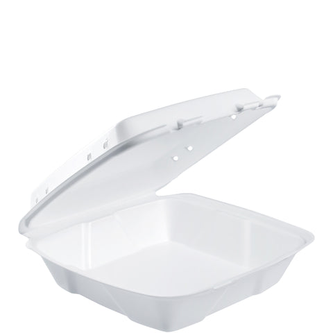 Dart Extruded Polystyrene White Single Compartment Insulated Foam Vented Hinged Lid Container, 9 x 9 2/5 x 3 inch -- 200 per case