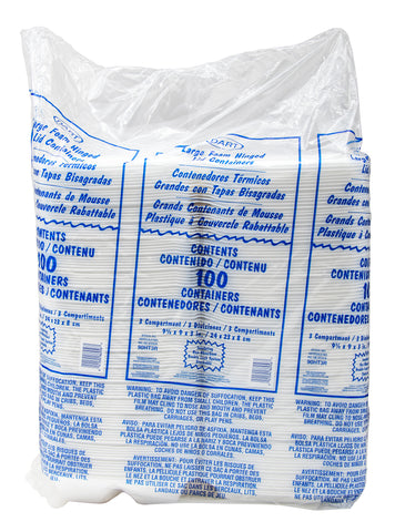 Dart Large 3 Compartment Insulated Non Perforated Foam Hinged Lid Container, 9 3/8 x 9 x 3 inch - 100 count per pack -- 2 packs per case