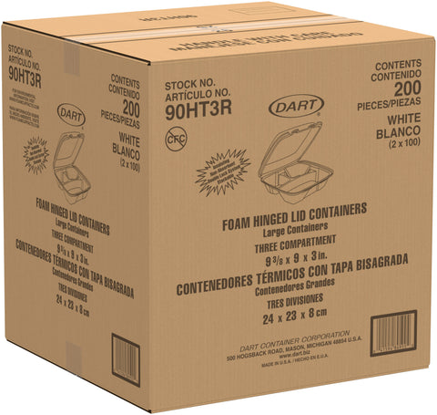 Container Foam White Hinged Lid Large Three Compartment 9.4x9x3