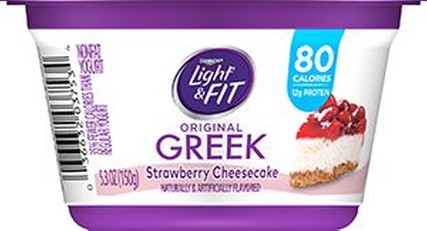Light and Fit Greek Strawberry Cheesecake Non Fat Yogurt, 5.3 Ounce -- 12 per case.